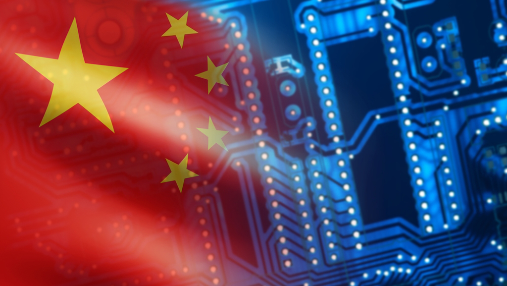 High Tech,industry,in,china.,pcb,and,chinese,flag,background.,microprocessor